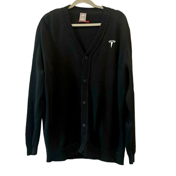 Tesla Mens V-Neck Cardigan Button Varsity Sweater Black Size Large - Picture 1 of 9